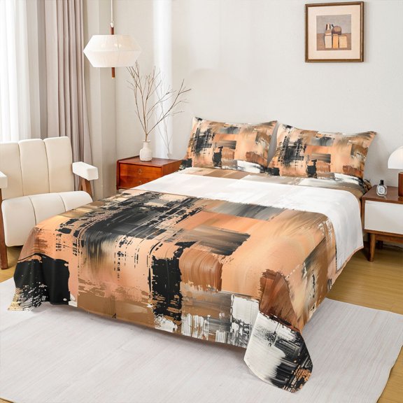 Homewish Brown Watercolor Ombre Bed Sheets,Classic Abstract Geometric Full Size Sheets,4pcs,1 Flat Sheet, 1 Fitted Sheet and 2 Pillowcases