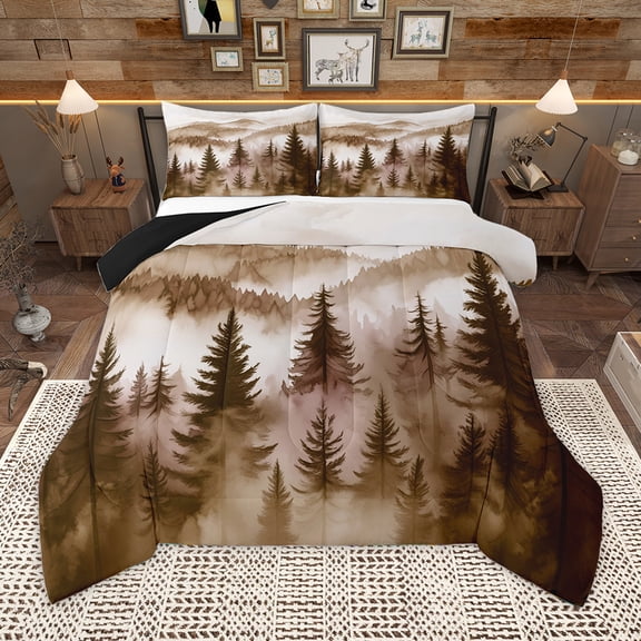 Homewish Brown White Bedding Comforter Set,Rustic Pine Tree Twin Comforter Sets,Tropical Plant Bedding Set For Adult,Breathable Home Decor Reversible,2pcs