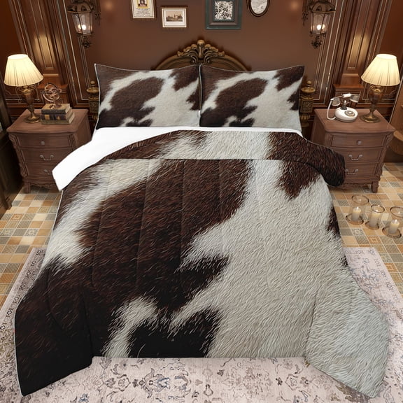 Homewish Brown White Cowhide Queen Comforter Set,Cattle Hide Print Bedding Sets,Rustic Farmhouse Bedding Comforter Set For Teens,Super Cozy Room Decor,3 Pieces