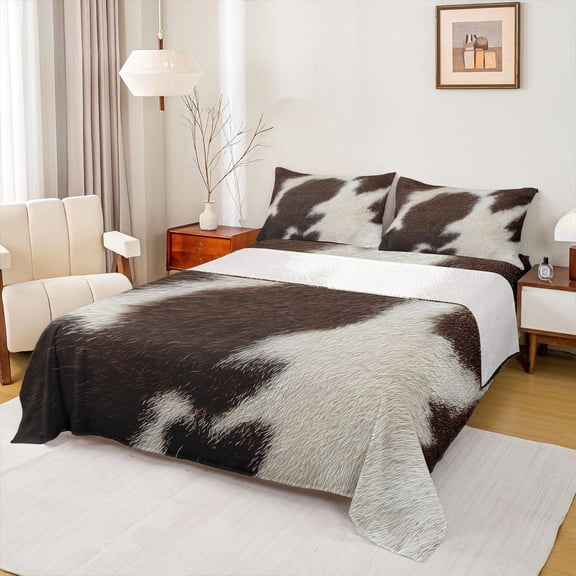 Homewish Brown White Cowhide Twin Sheet Sets,Cattle Hide Print Twin Fitted Sheet,Rustic Farmhouse Flat Sheet For Teens,Super Cozy Room Decor,3pcs