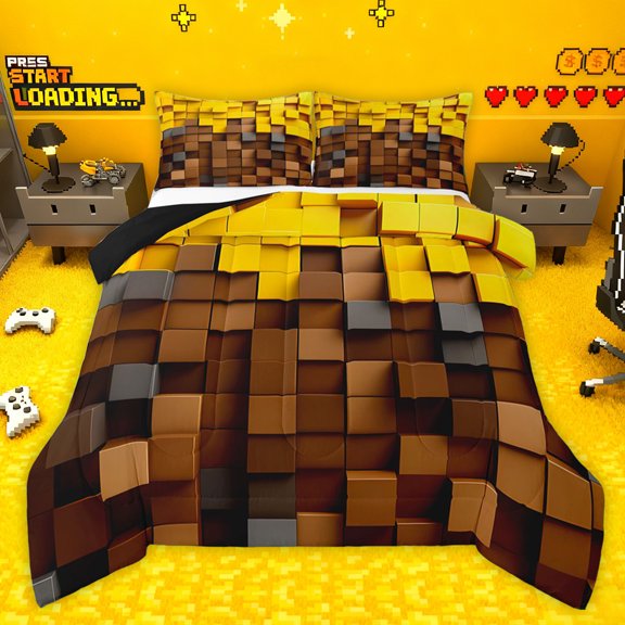 Homewish Brown Yellow Plaid Grid 2pcs Bedding Comforter Set For Boys Girls,Futuristic Cubes Twin Comforter Sets,Abstract Geometric Breathable Bedding Set,Super Cozy Room Decor,Reversible