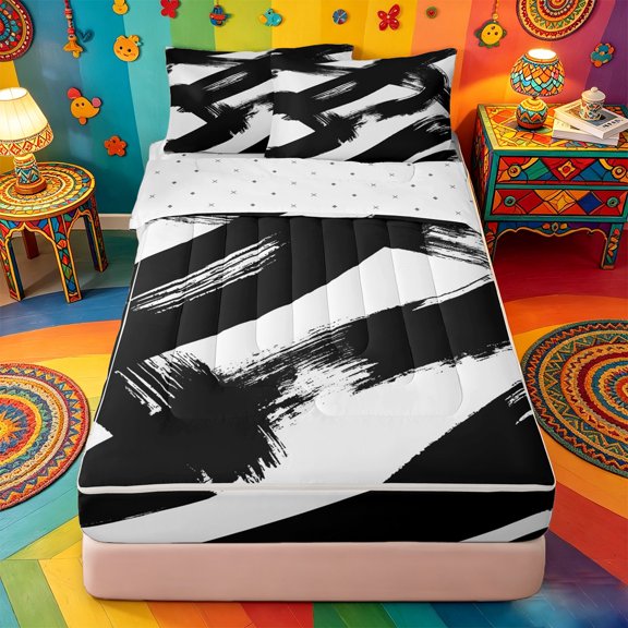 Homewish Brush Stroke Stripes Zipper Twin Comforter Sets with Fitted Sheet and 2 Pillowcases,Modern Abstract Pattern Zipper Bedding Set For Adults,Reversible,4pcs