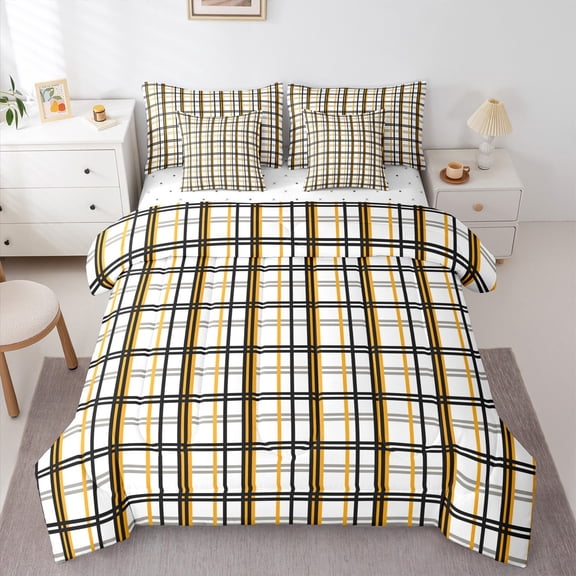 Homewish Buffalo Plaid Child Bedding Comforter Set 7-Piece, Modern Abstract Artwork King Bedding Sets, White Yellow Stripes Line Reversible Bed Sheets, Luxury Bedroom Decor
