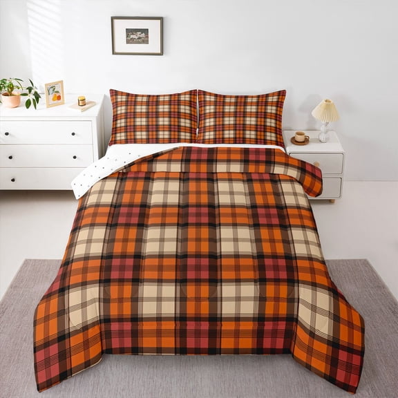 Homewish Buffalo Plaid Child Queen Comforter Set, Modern Abstract Artwork Bedding Sets, Orange Stripes Line Reversible Bedding Comforter Set, Breathable Home Decor, 3-Piece