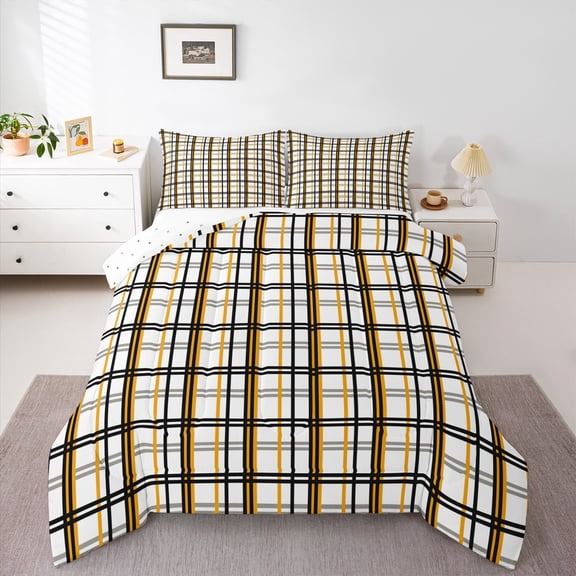 Homewish Buffalo Plaid Child Queen Comforter Set, Modern Abstract Artwork Bedding Sets, White Yellow Stripes Line Reversible Bedding Comforter Set, Luxury Bedroom Decor, 3pcs
