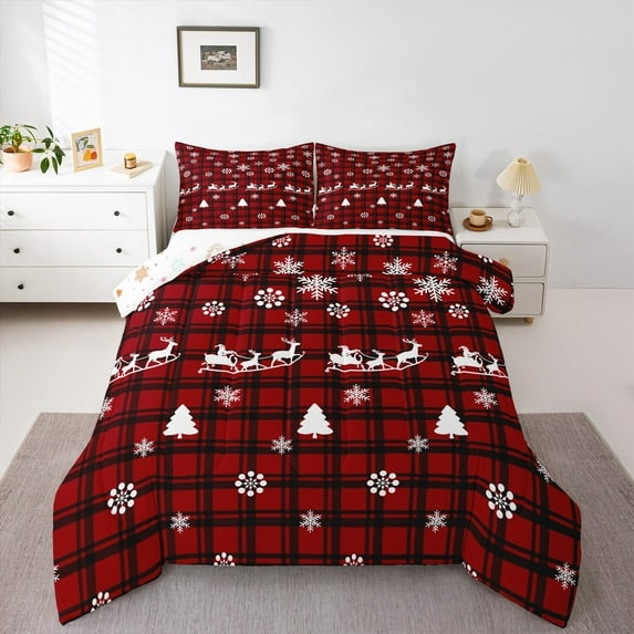 Homewish Buffalo Plaid Child Queen Comforter Set, Xmas Tree Reindeer Bedding Sets, Vintage Winter Christmas Reversible Bedding Comforter Set, Luxury Bedroom Decor, 3 Pieces