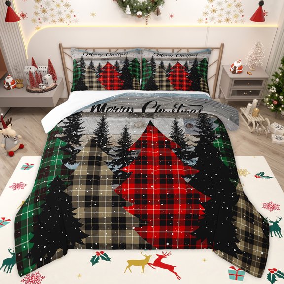 Homewish Buffalo Xmas Tree Bedding Comforter Set for Kid, Old Fashion Twin Comforter Sets, Vintage Western Christmas Bedding Set, Breathable Home Decor, 2-Piece
