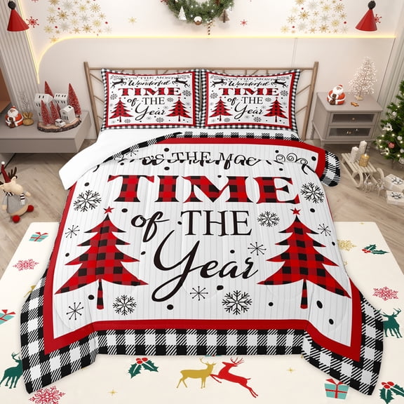 Homewish Buffalo Xmas Tree Bedding Comforter Set for Teen, Winter Snowflake Print Twin Comforter Sets, Vintage Christmas Theme Bedding Set, Luxury Bedroom Decor, 2pcs