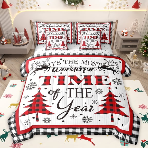 Homewish Buffalo Xmas Tree Twin Bedding Sets 7-Piece for Teen, Winter Snowflake Print Bedding Comforter Set, Vintage Christmas Theme Sheet Sets, Luxury Bedroom Decor