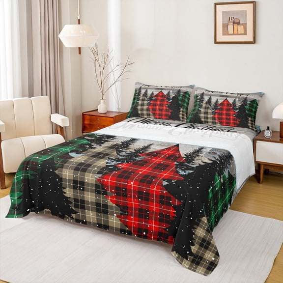 Homewish Buffalo Xmas Tree Twin Sheet Sets for Kid, Old Fashion Twin Fitted Sheet, Vintage Western Christmas Flat Sheet, Breathable Home Decor, 3-Piece