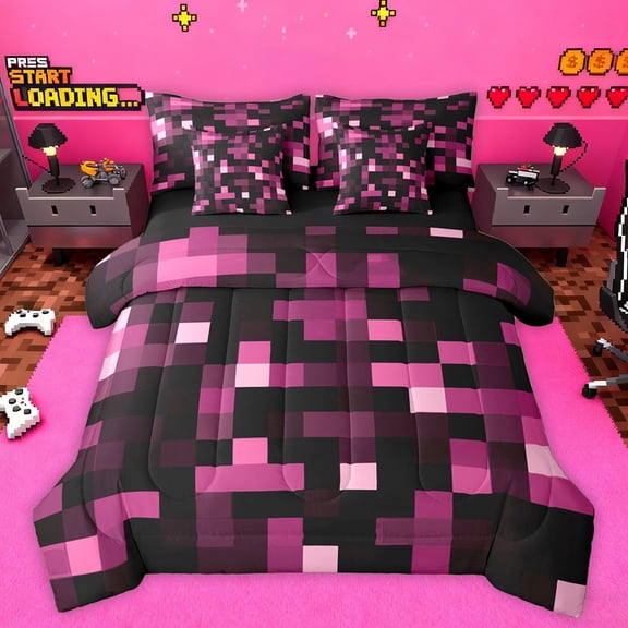 Homewish Building Blocks Bedding Comforter Set 7-Piece for Kids Children Teens,Pixelated Miners King Bedding Sets,Construction Game Ultra Soft Bed Sheets,Ultra Soft Home Decor,Reversible