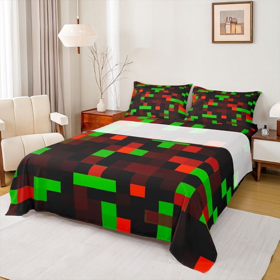 Homewish Building Blocks Twin Sheet Sets 3pcs for Kids Children Teens,Pixelated Miners Twin Fitted Sheet Microfiber,Construction Game Breathable Flat Sheet,Ultra Soft Home Decor