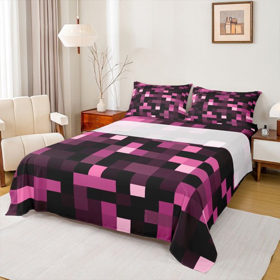 Homewish Building Blocks Twin Sheet Sets 3pcs for Kids Children Teens,Pixelated Miners Twin Fitted Sheet Microfiber,Construction Game Breathable Flat Sheet,Ultra Soft Home Decor