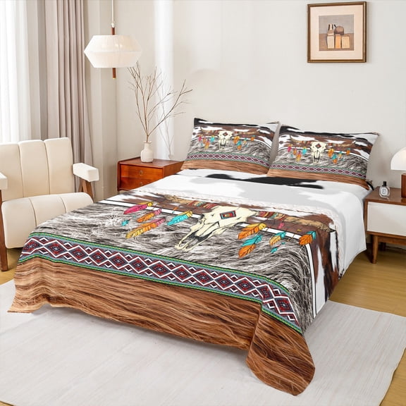 Homewish Bull Skull 4pcs Bed Sheets for Teens Boys Girls,Western Theme King Sheets,Tribal Aztec Super Cozy Sheet Set,Luxury Bedroom Decor