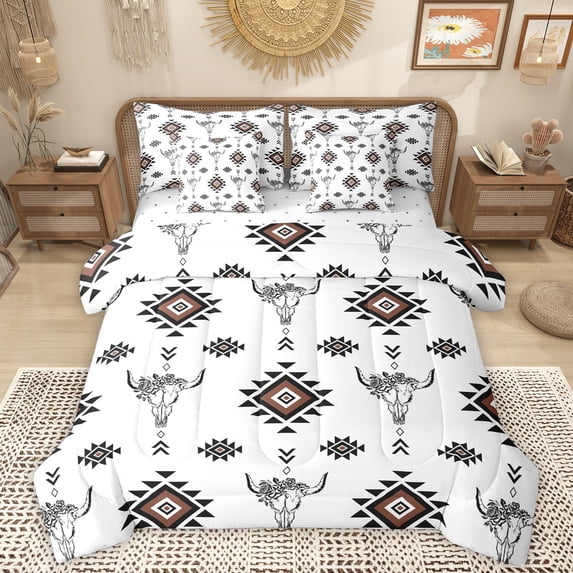 Homewish Bull Skull 7-Piece Bedding Comforter Set,Rustic Farmhouse Cabin King Bedding Sets,White Brown Bed Sheets For Boys Kids,Ultra Soft Home Decor Reversible