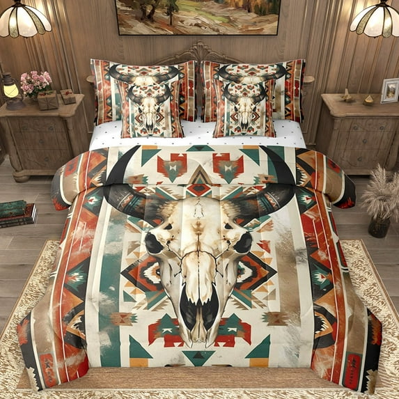 Homewish Bull Skull Bedding Comforter Set 7 Pieces for Kids Children Teens,Western Theme Full Bedding Set Lightweight,Bohemian Tribal Aztec Fitted Sheet Flat Sheet,Lightweight Room Decor,Reversible