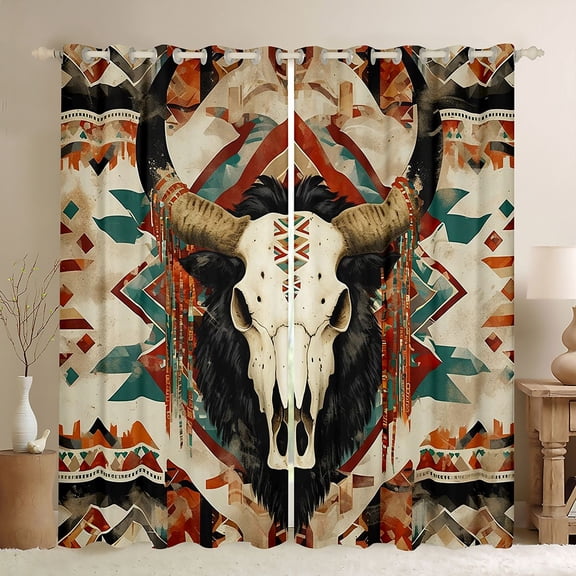 Homewish Bull Skull Curtains Pack of 2 (42x84 Each) for Female Men Adults,Bohemian Tribal Aztec Curtains Blackout,Western Theme Bedroom Curtains,Ultra Soft Home Decor