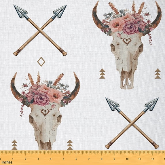 Homewish Bull Skull Fabric by the Yard 2 Yard,Rustic Farmhouse Cabin Room Decor Fabric by the Yard,Pink Flower Floral Fabric for Sewing For Boys Kids,Breathable Home Decor