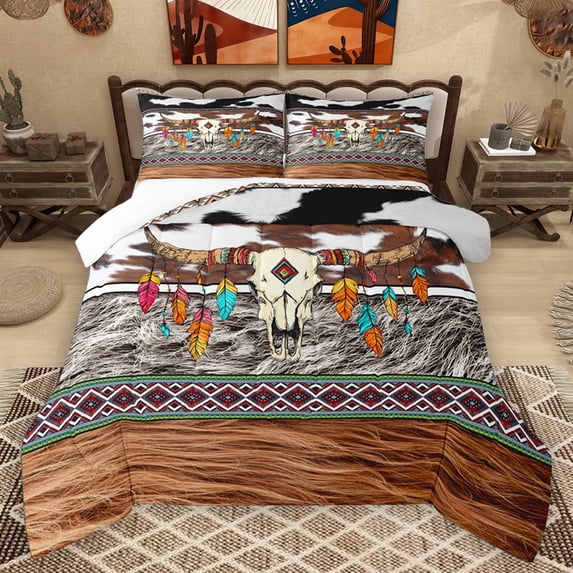 Homewish Bull Skull Full Size Comforter Sets 3-Piece for Teens Boys Girls,Western Theme Bedding Comforter Set,Tribal Aztec Lightweight Bedding Sets,Luxury Bedroom Decor