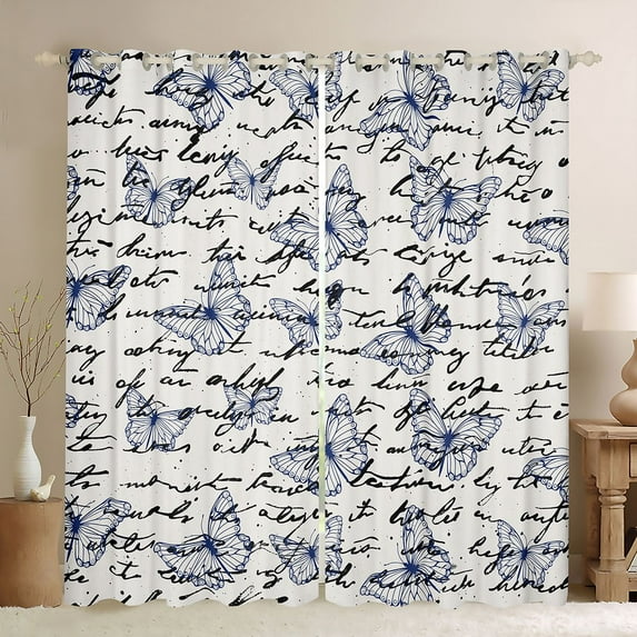 Homewish Butterflies Curtains Pack of 2 (42x84 Each),Flying Animal Curtains Blackout,Beige Black Blue Bedroom Curtains For Teens,Ultra Soft Home Decor