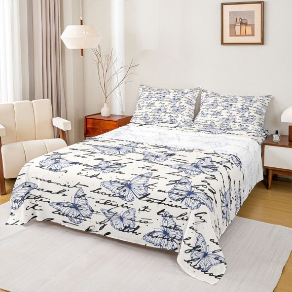 Homewish Butterflies Full Size Sheets,Flying Animal Bed Sheets,Beige Black Blue Sheet Sets For Teens,Ultra Soft Home Decor,4pcs
