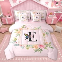 Homewish Butterfly Monogrammed E Twin Bedding Sets 7-Piece for Kids, Romantic Pink Initial Letter Bedding Comforter Set, Cartoon Theme Reversible Sheet Sets, Breathable Home Decor