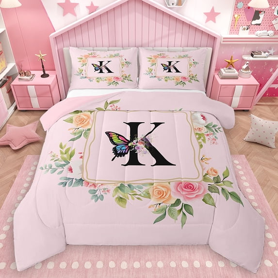 Homewish Butterfly Monogrammed K Full Size Comforter Sets for Kids, Romantic Pink Initial Letter Bedding Comforter Set, Cartoon Theme Reversible Bedding Sets, Breathable Home Decor, 3pcs