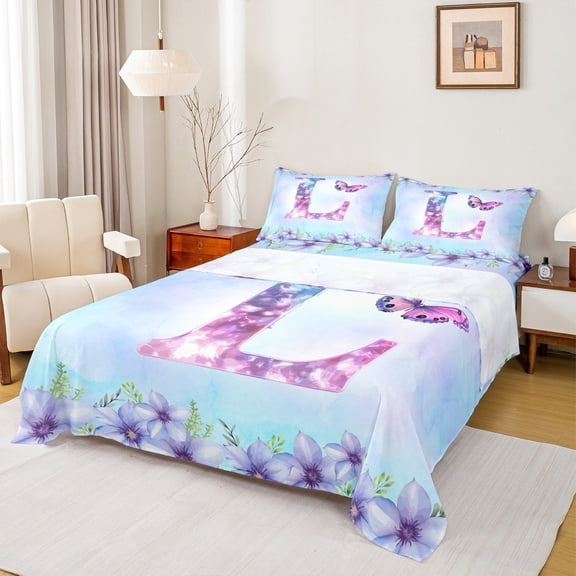 Homewish Butterfly Monogrammed L Bed Sheets, Dreamy Flower Floral King Sheets, Fashion Blue Watercolor Sheet Set, Microfiber Bedroom Decor, 4-Piece