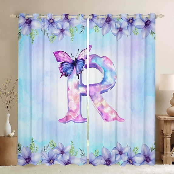 Homewish Butterfly Monogrammed R Curtains Pack of 2 (42x84 Each), Dreamy Flower Floral Curtains Blackout, Fashion Blue Watercolor Bedroom Curtains, Curtains and Drapes Bedroom Decor