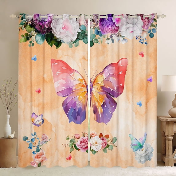 Homewish Butterfly Printed Curtains Pack of 2 (42x84 Each),Rustic Flower Floral Curtains Blackout,Purple Orange Bedroom Curtains For Girl Kids,Luxury Bedroom Decor