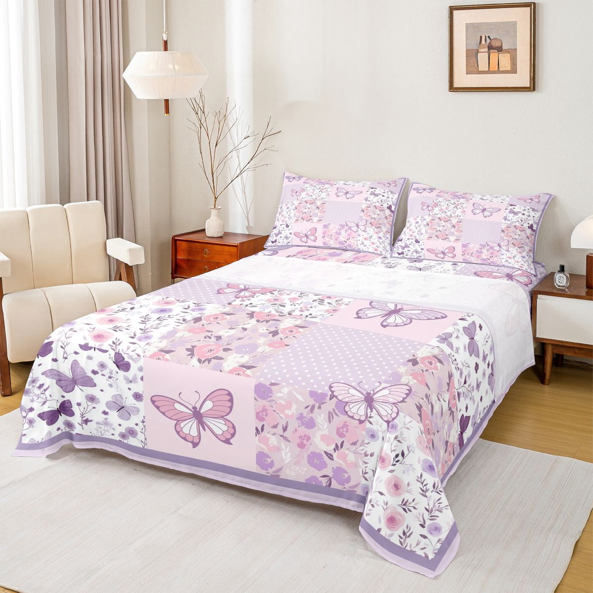 Homewish Butterfly Printed Twin Sheet Sets,Rustic Flower Floral Twin Fitted Sheet,Purple Pink Flat Sheet For Girl Kids,Luxury Bedroom Decor,3 Pieces