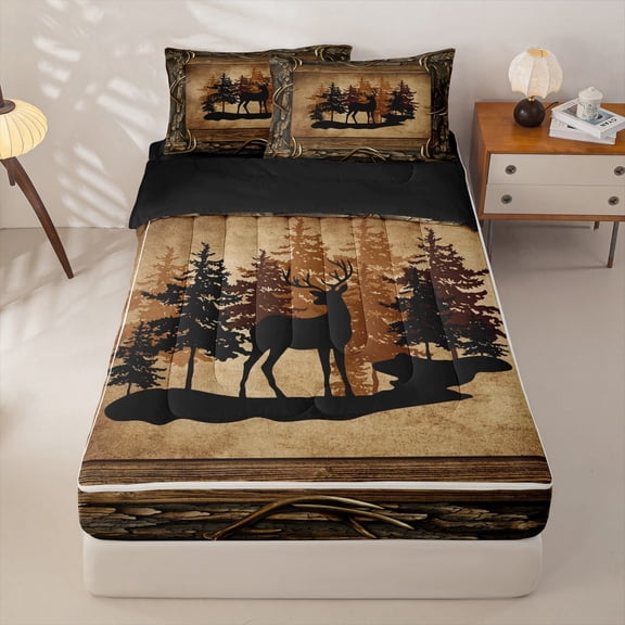 Homewish Cabin Moose Deer Zipper Twin Comforter Sets with Fitted Sheet and 2 Pillowcases, Brown Lake House Zipper Bedding Set, Black Reversible, 4pcs