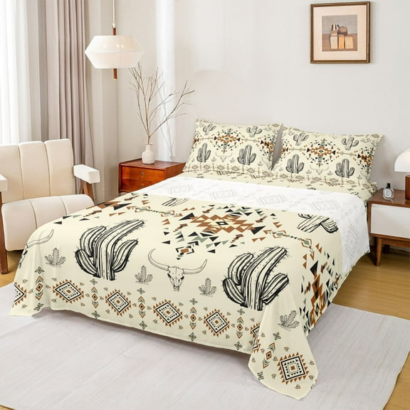 Homewish Cactus Bull Skull 3pcs Twin Sheet Sets for Children Teens,Tribal Aztec Twin Fitted Sheet,Western Theme Breathable Flat Sheet,Super Cozy Room Decor