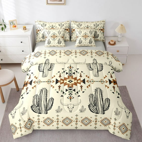 Homewish Cactus Bull Skull 7-Piece Twin Bedding Sets for Children Teens,Tribal Aztec Bedding Comforter Set,Western Theme Breathable Sheet Sets,Super Cozy Room Decor,Reversible