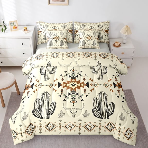 Homewish Cactus Bull Skull 7 Pieces Bedding Comforter Set for Children Teens,Tribal Aztec Full Bedding Set Lightweight,Western Theme Fitted Sheet Flat Sheet,Super Cozy Room Decor,Reversible