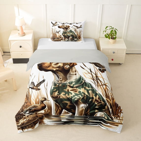 Homewish Came Labrador Retriever Duck Twin Duvet Cover,Vintage Lake House Twin Bedding,White,Light Gray Reversible,2 Pieces,1 Duvet Cover and 1 Pillowcase