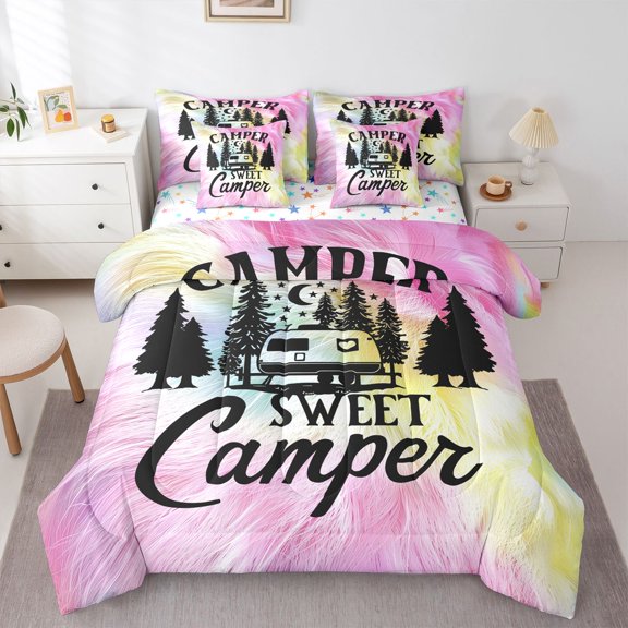 Homewish Caming Car 7-Piece Twin Bedding Sets for Teens Boys Girls,Happy Adventure Theme Bedding Comforter Set,Abstract Gradient Ombre Breathable Sheet Sets,Breathable Home Decor,Reversible