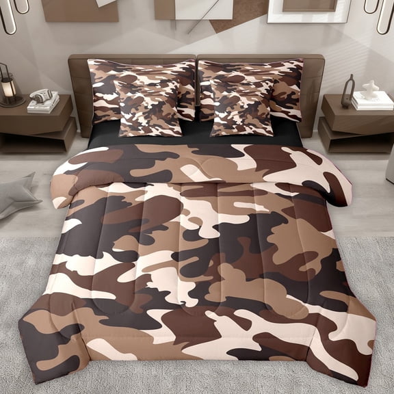 Homewish Camo Camouflage Bedding Comforter Set 7-Piece for Teens Female Men,Abstract Geometric King Bedding Sets,Black Brown Ultra Soft Bed Sheets,Breathable Home Decor,Reversible