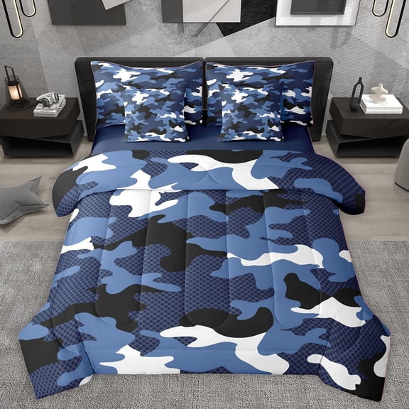 Homewish Camo Camouflage Bedding Comforter Set 7 Pieces for Teens Female Men,Abstract Geometric Full Bedding Set Lightweight,Black Blue White Fitted Sheet Flat Sheet,Breathable Home Decor,Reversible