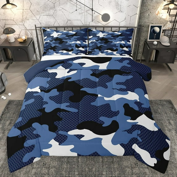 Homewish Camo Camouflage Full Size Comforter Sets 3-Piece for Teens Female Men,Abstract Geometric Bedding Comforter Set,Black Blue White Lightweight Bedding Sets,Breathable Home Decor,Reversible