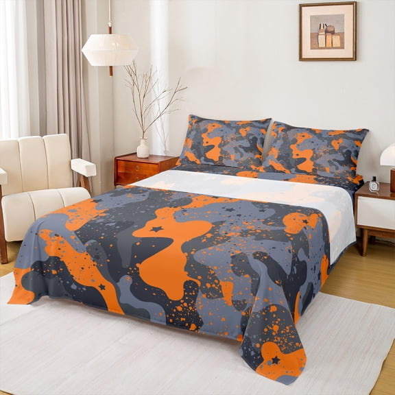 Homewish Camo Camouflage Twin Sheet Sets,Rustic Farmhouse Cabin Twin Fitted Sheet,Orange Splash Ink 03 For Boys Teens,Super Cozy Room Decor,3pcs