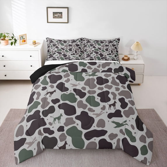 Homewish Camo Dog Duck Queen Comforter Set,Brown Green Camouflage Comforter Sets Queen,Black Reversible,3 Pieces,1 Comforter and 2 Pillowcases