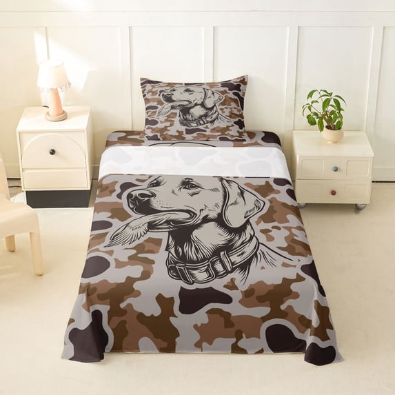 Homewish Camo Dog Duck Twin Sheets,Vintage Animal Theme Bedding,Brown,3pcs,1 Fitted Sheet and 1 Pillowcase