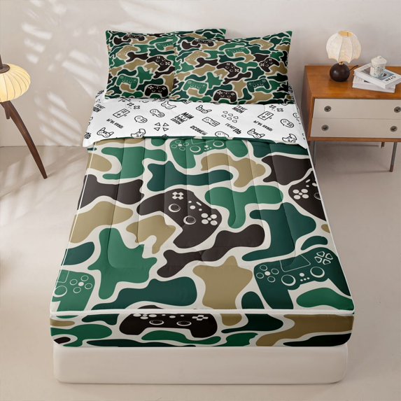 Homewish Camo Gaming Controller Zipper Queen Comforter Set with Fitted Sheet and 2 Pillowcases,Green Camouflage Print Zipper Bedding Set,Gamepad Reversible,4pcs