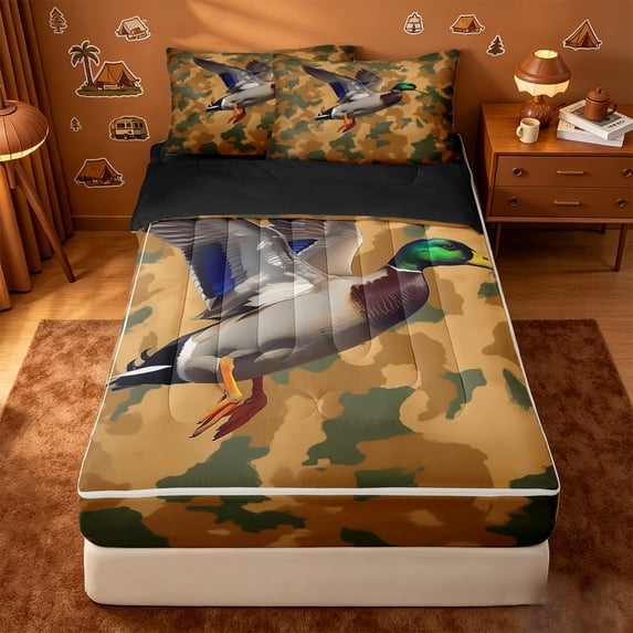 Homewish Camo Mallard Duck Zipper Queen Comforter Set with Fitted Sheet and 2 Pillowcases,Wild Bird Hunting Zipper Bedding Set For Boys,Black Reversible,4-Piece