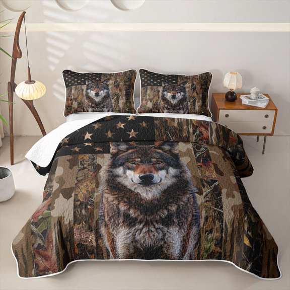 Homewish Camo Us Flag Wolf Print Twin Quilt Set,Patriotic Wildlife Twin Coverlet Set For Men And Women,2 Pieces
