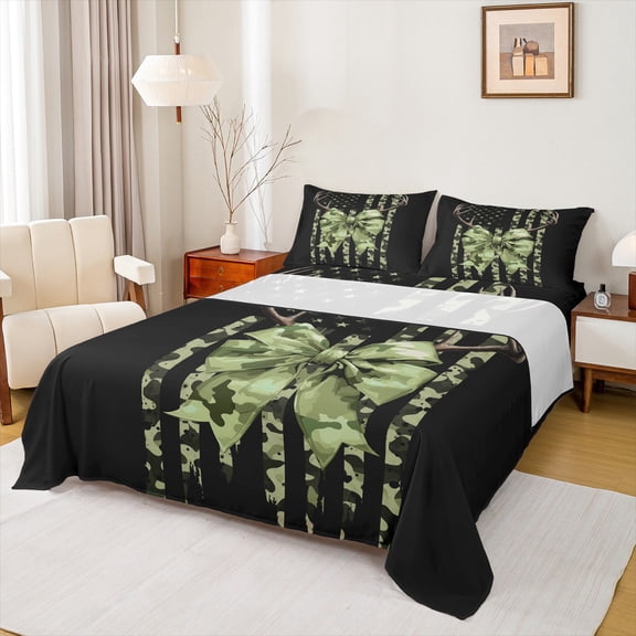 Homewish Camouflage Bow 4 Pieces Queen Sheet Sets for Teens Boys Girls,USA Flag Ultra Soft Flat Sheet,Black Green Queen Fitted Sheet,Breathable Home Decor