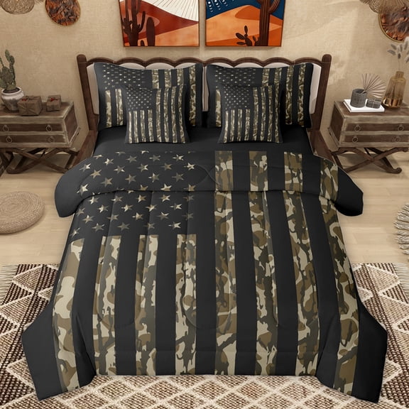 Homewish Camouflage Boys Twin Bedding Sets 7-Piece, Retro American Flag Bedding Comforter Set, Jungle Branches Print Reversible Sheet Sets, Breathable Home Decor