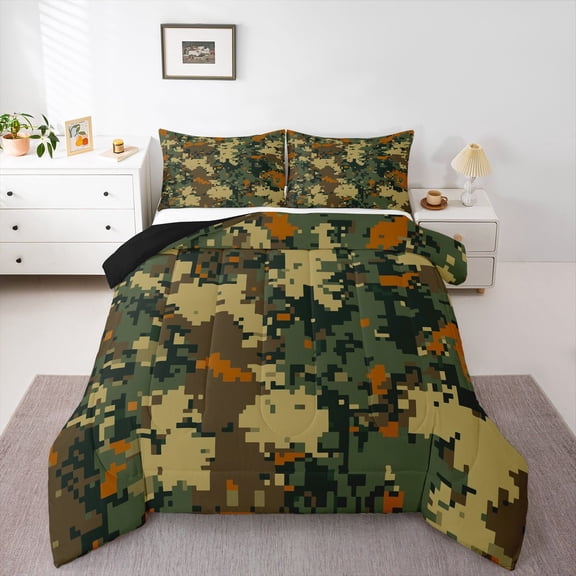 Homewish Camouflage Camo Boy 2pcs Bedding Comforter Set,Abstract Geometric Twin Comforter Sets,Green Brown Orange Camo Breathable Bedding Set,Super Cozy Room Decor,Reversible