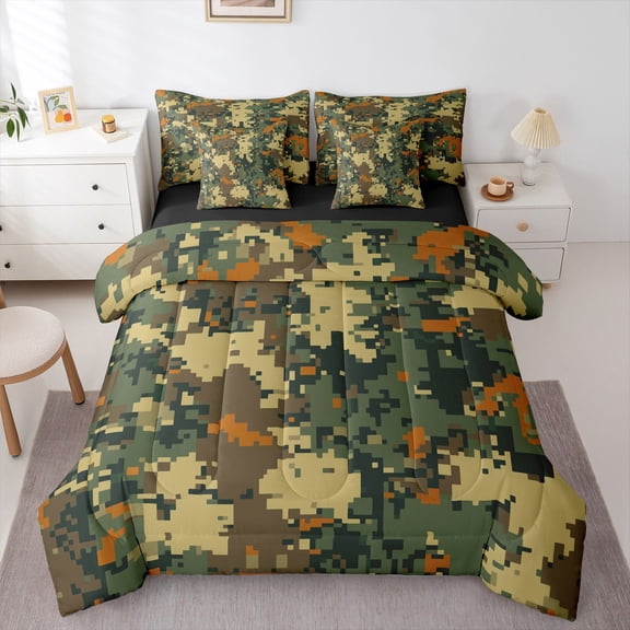 Homewish Camouflage Camo Boy 7 Pieces Bedding Comforter Set,Abstract Geometric Full Bedding Set Lightweight,Green Brown Orange Camo Fitted Sheet Flat Sheet,Super Cozy Room Decor,Reversible